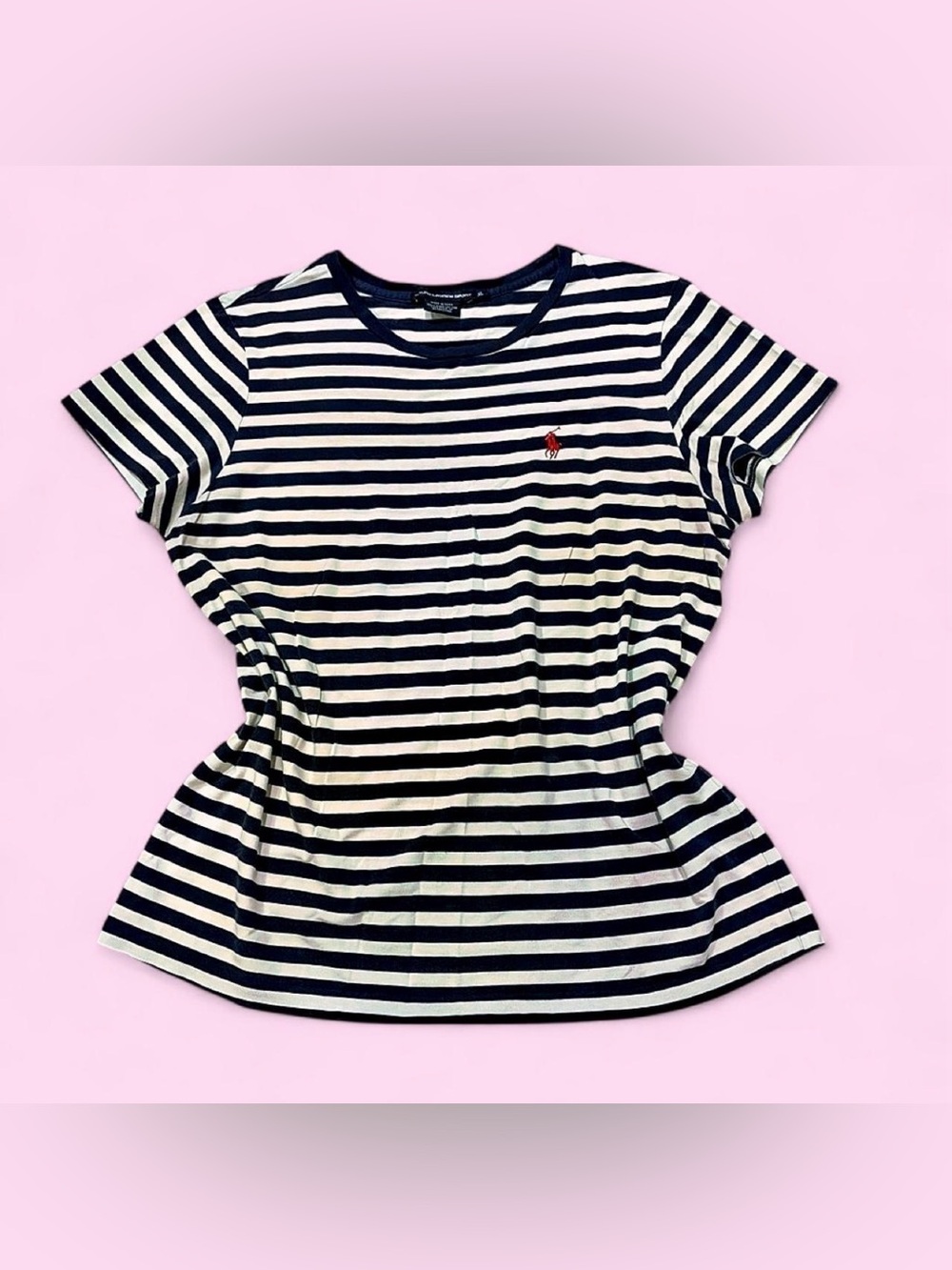 Ralph Lauren Navy & White Stripe Short Sleeve Tee with Red Polo Emblem